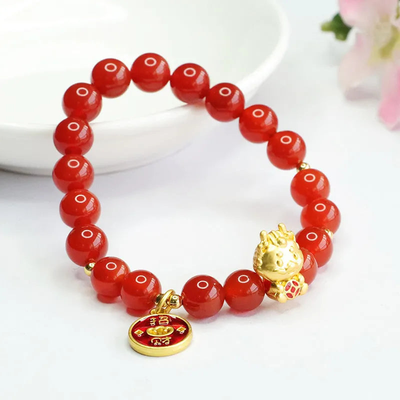Red agate Chinese zodiac dragon bracelet with 8mm round beads on an adjustable cord.