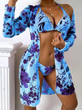 Women's floral printed mesh cover-up blouse over a swimsuit, part of a three-piece beachwear set.