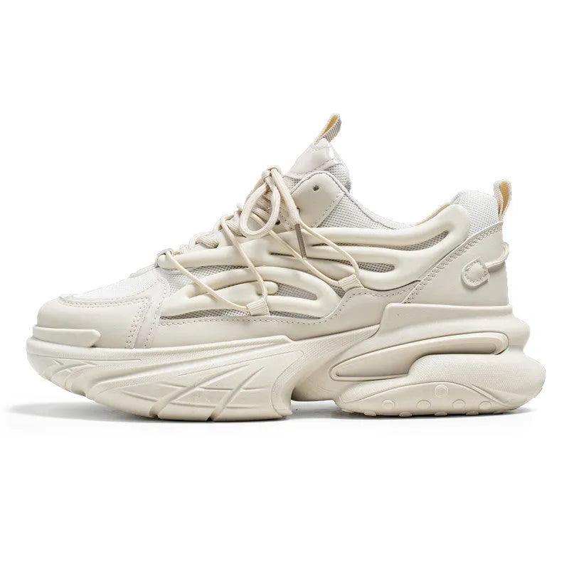 Men's low-top sneaker in beige with mesh PU leather upper and lace-up design on a rubber sole.