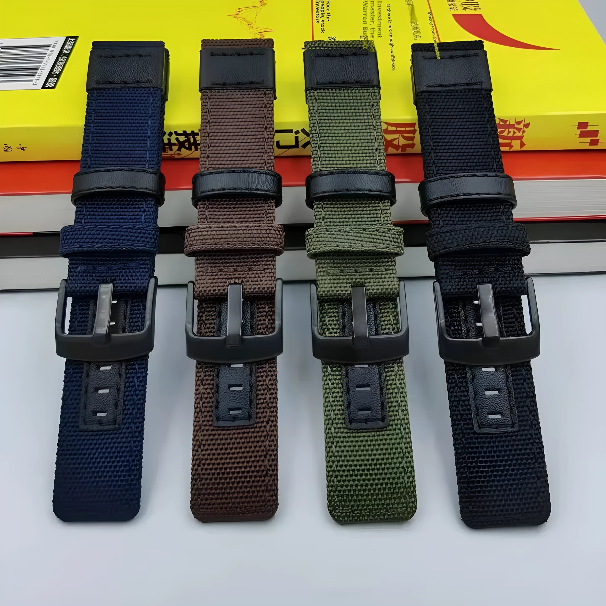 Nylon Oxford cloth watch strap in multiple colours and sizes on a watch.