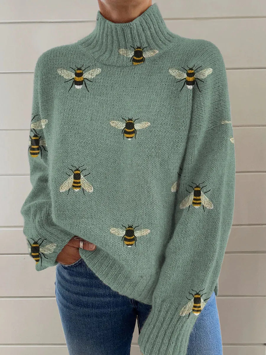 Women's Christmas printed turtleneck sweater with painting pattern in macaron colours
