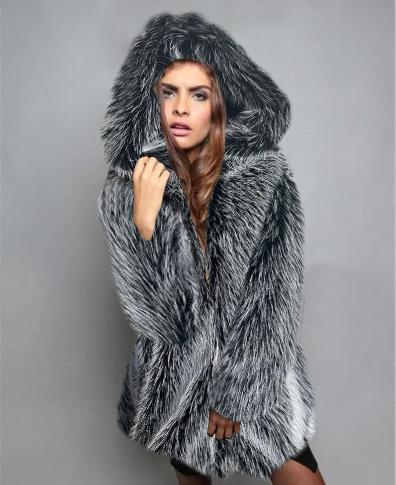 Silver grey mid-length artificial fur coat for women with loose fit design