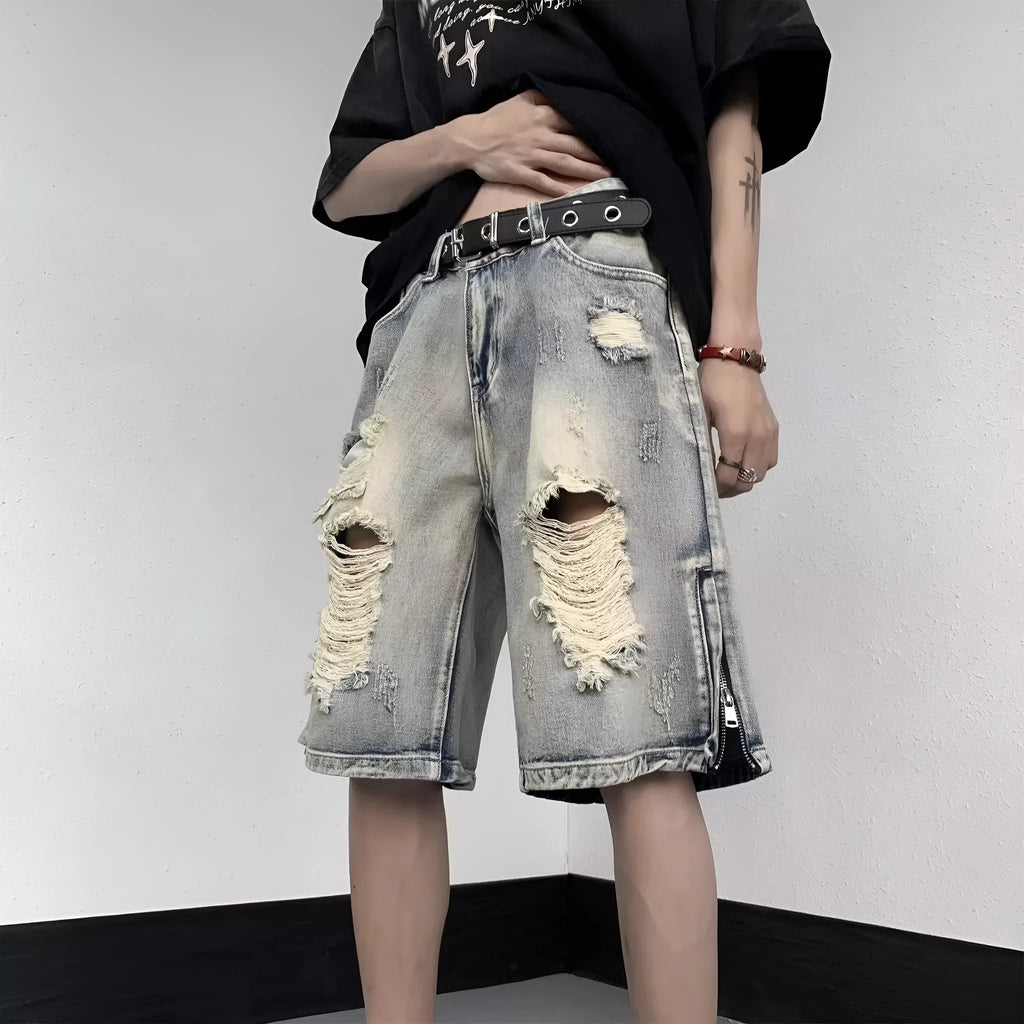 Blue retro tattered denim shorts with wide leg cut and loose fit for women