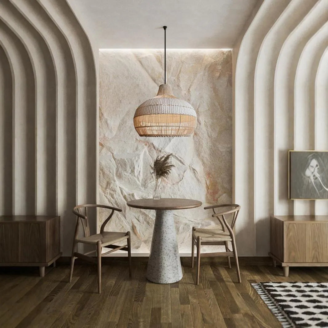 Woven rattan chandelier with a 60cm diameter, pastoral Southeast Asian style, for living room or homestay.
