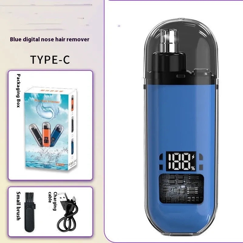 Rechargeable nose hair trimmer with digital display and removable cutter head.