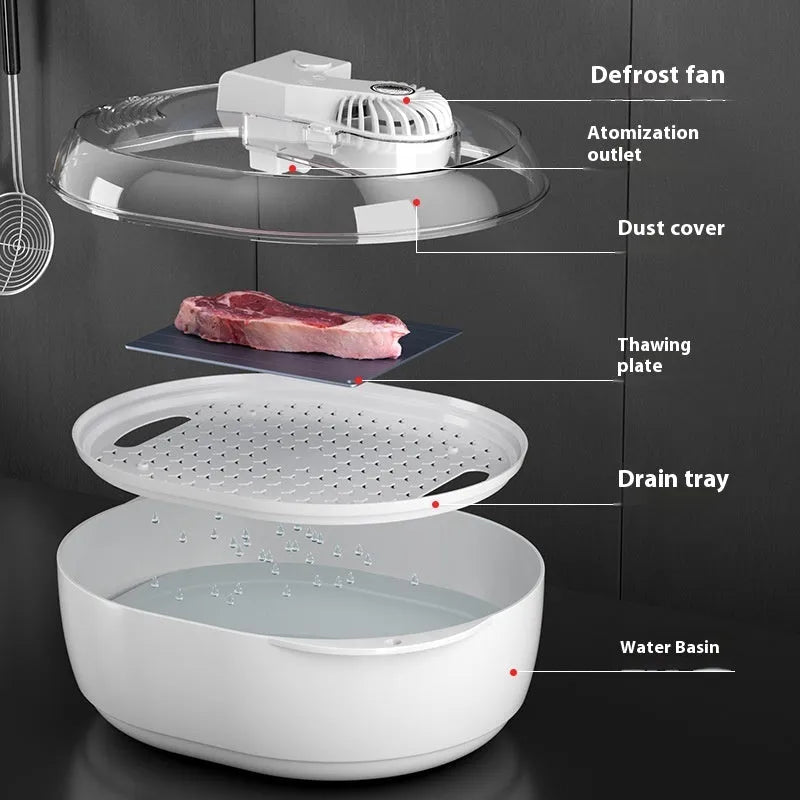 Modern aluminium quick defrosting plate for food with included USB cable on a kitchen counter