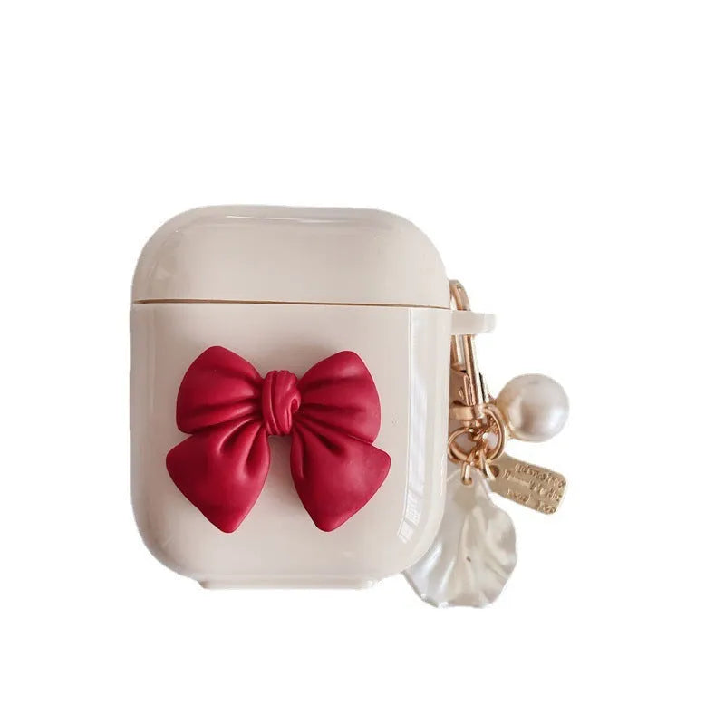 Beige red bow shell TPU clamshell case for Apple AirPods Pro wireless earphones