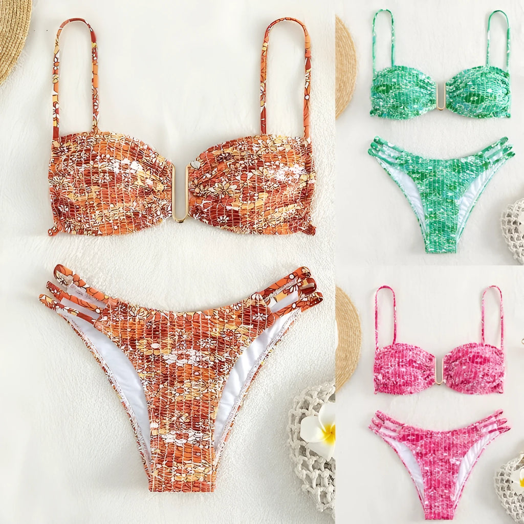 Women's floral bikini swimsuit with high-waist briefs in blue, orange, pink and rose red colour options