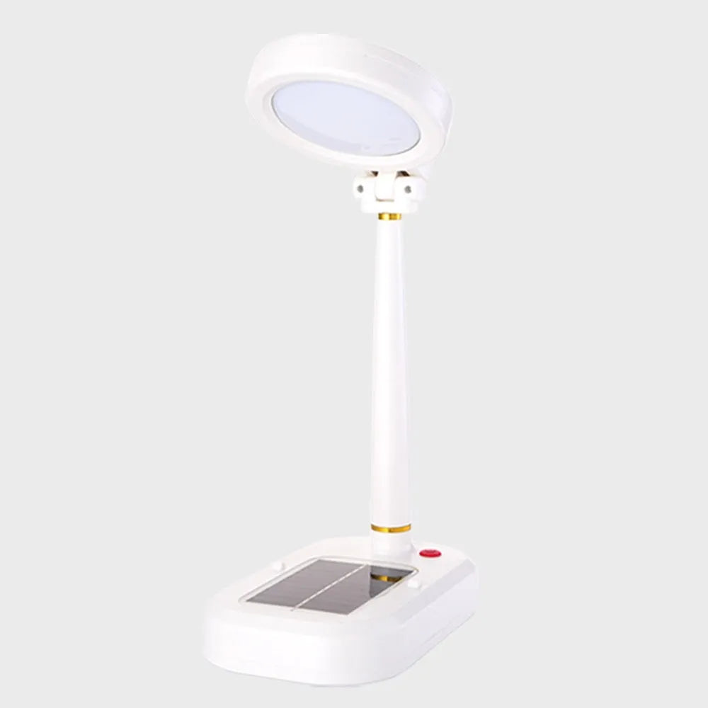 Ivory white solar-powered table fan with integrated LED desk lamp on a wooden table.