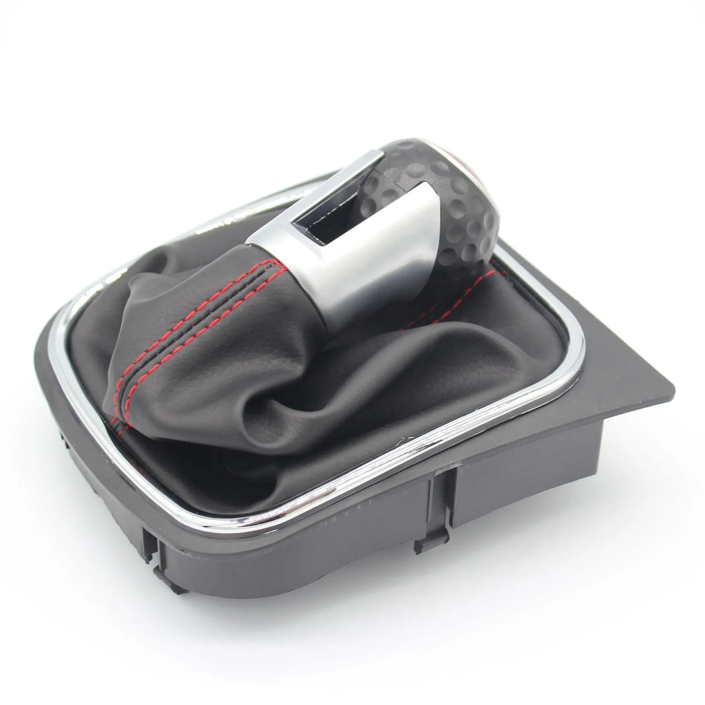 Leather gear shift knob and dust boot replacement part for Volkswagen Golf 5, 6, and 7 manual transmission.