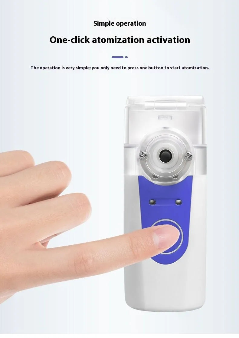 White columnar plastic USB handheld nebuliser spray machine with water tank on a table.