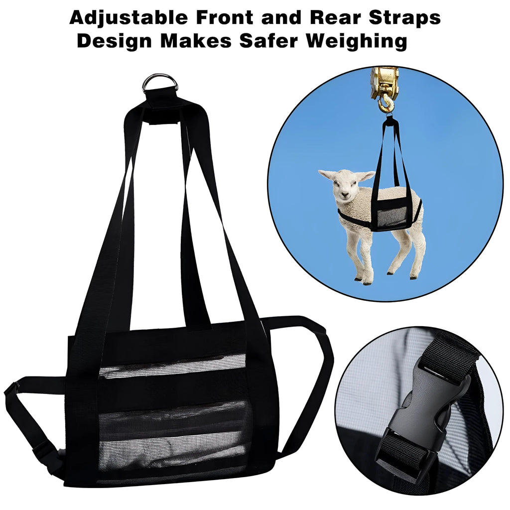 Black nylon livestock weighing sling measuring 35x150 cm with reinforced handles for calves and large dogs
