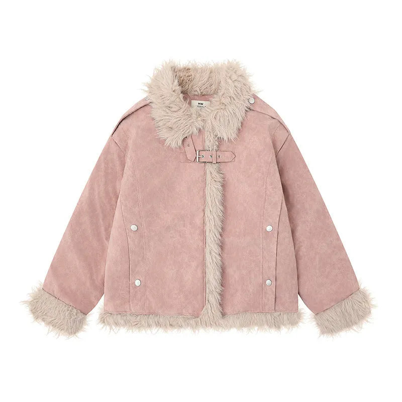 Women's retro lamb wool coat in black, brown, or pink, loose fit polyester, sizes S to XL