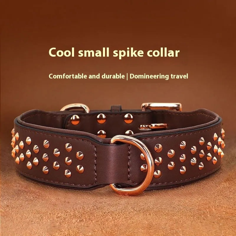 Genuine leather dog collar with metal rivet studs and a strong metal buckle in black, chocolate, or pink colour.