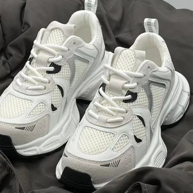 Polar Wave beige mesh platform shoes with wedge heel and lace-up front