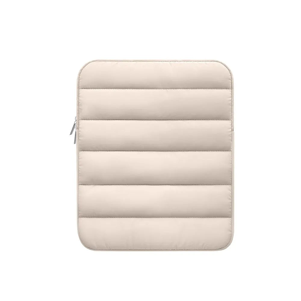 Black puff bag laptop sleeve with fluffy air cushioning for a 9.7 to 11 inch device, shown with elastic sides.