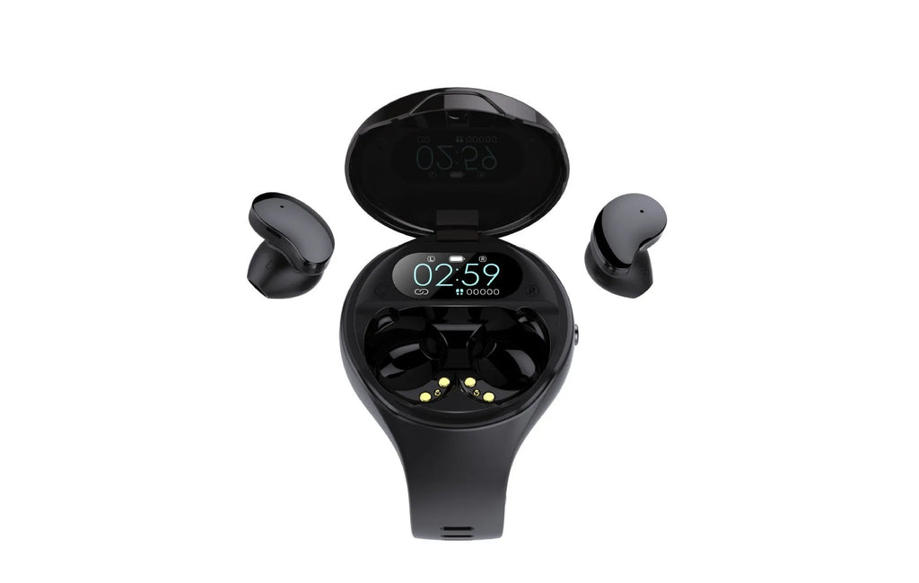 Black detachable smart sports bracelet with TWS Bluetooth earphones for fitness tracking and calls.