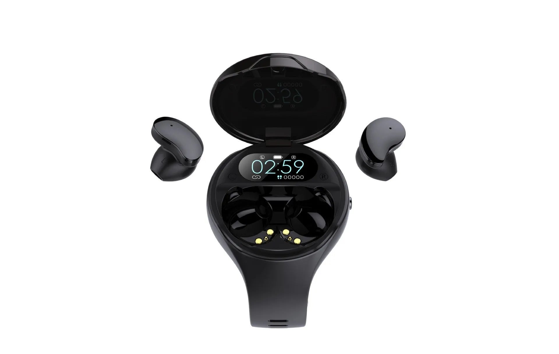 Black detachable smart sports bracelet with TWS Bluetooth earphones for fitness tracking and calls.
