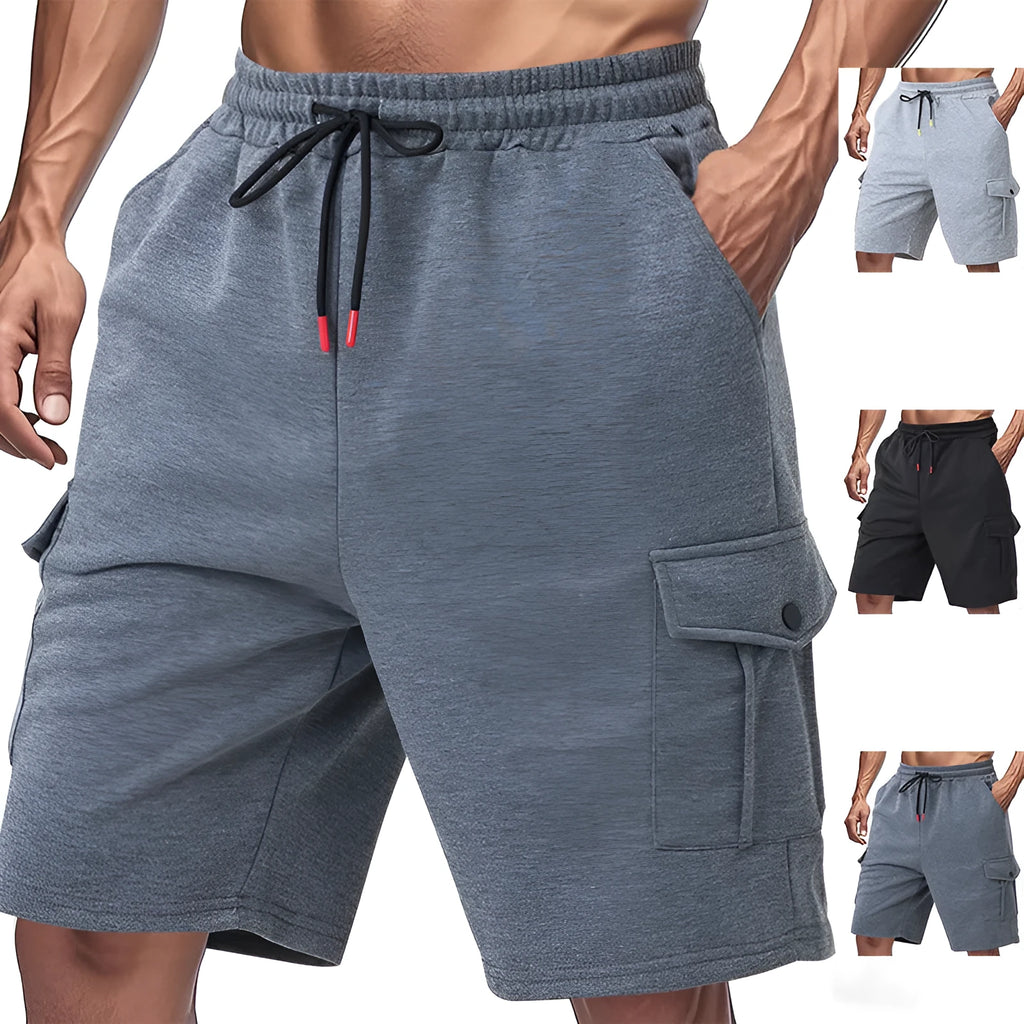 Men's heavy loose casual sports cargo shorts with multiple pockets in light grey towelling fabric