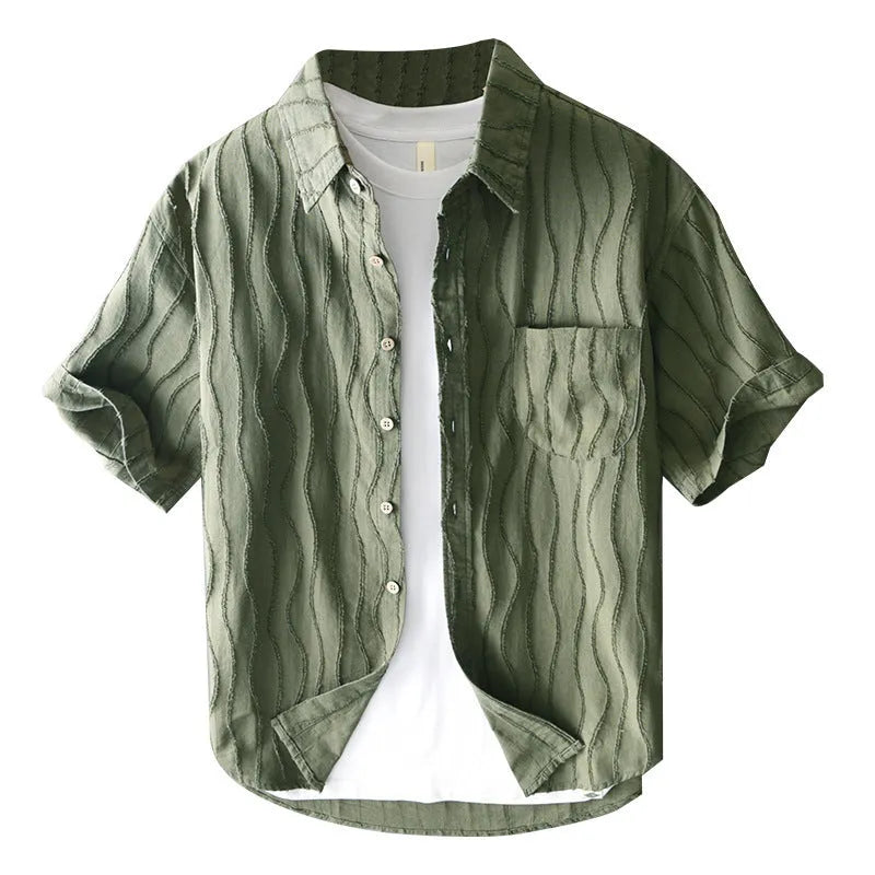 Men's apricot pure cotton casual shirt with short sleeves and loose Japanese style