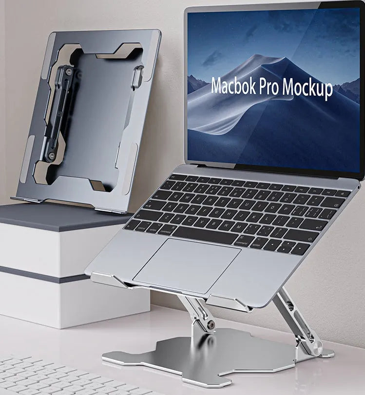 Grey aluminum laptop stand in folded position showing adjustable mechanism and silicone protection points
