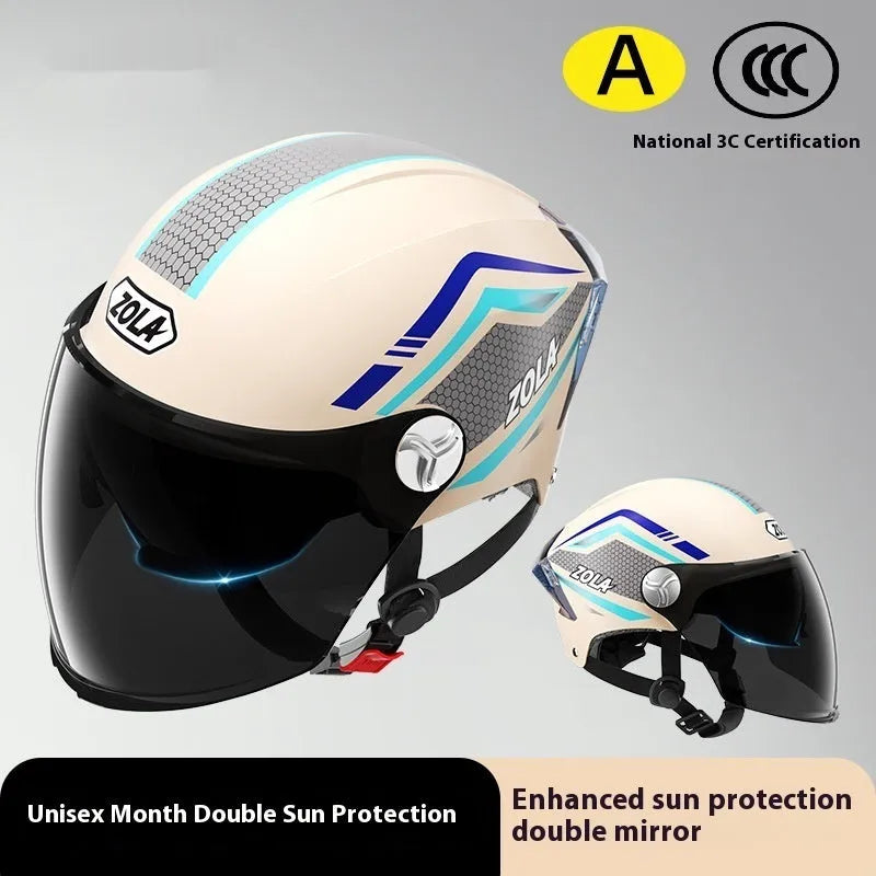 Children's 3C battery motorcycle half helmet with double mirror visor in light brown colour