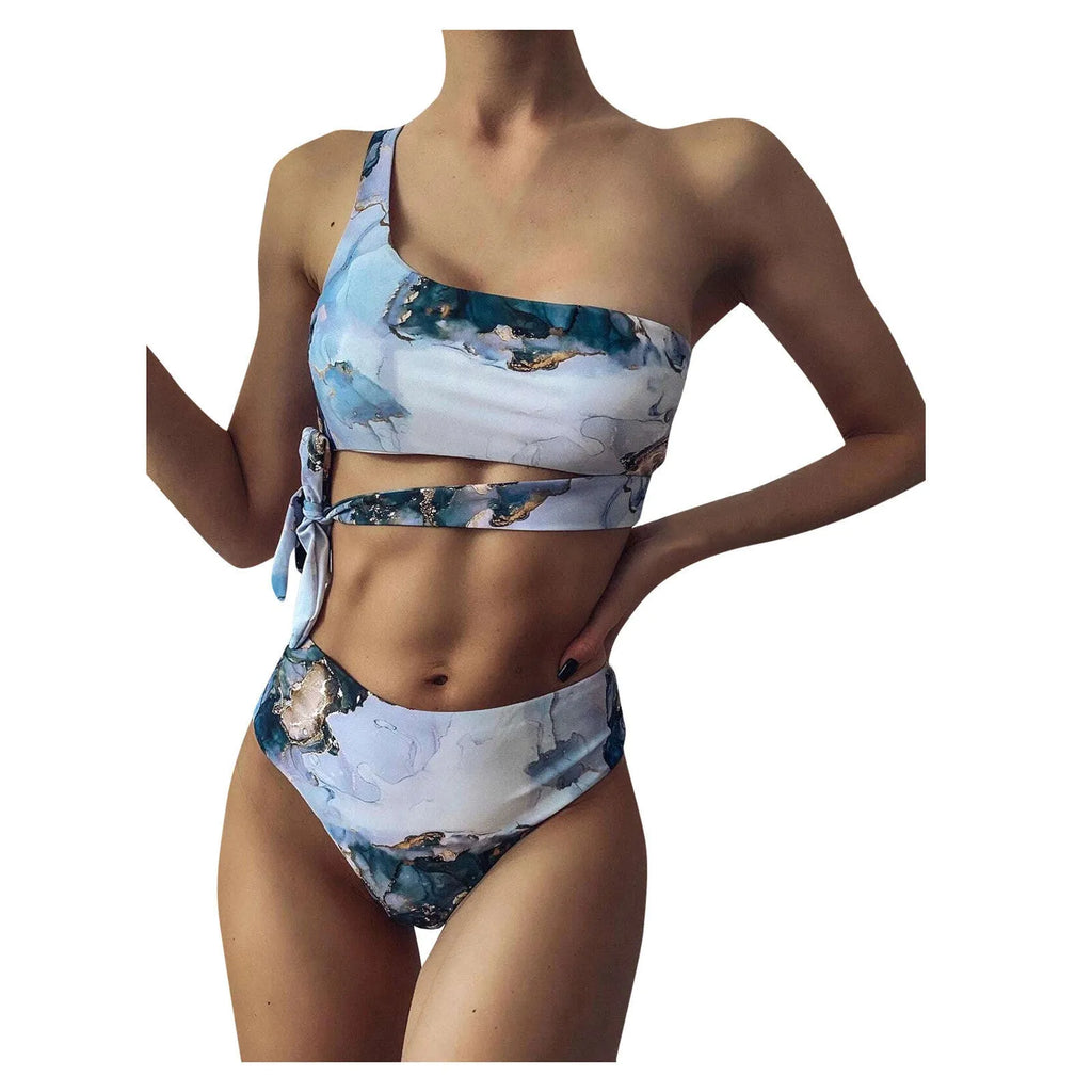 Women's marble tie-dye high waist bikini swimwear with U-neck design