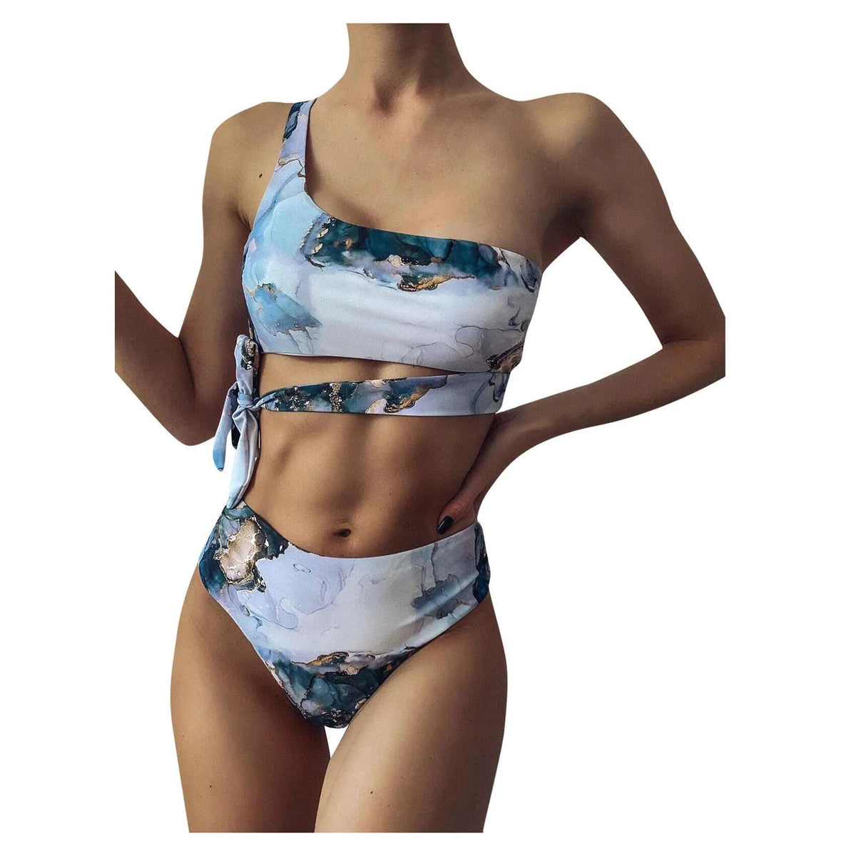 Women's marble tie-dye high waist bikini swimwear with U-neck design