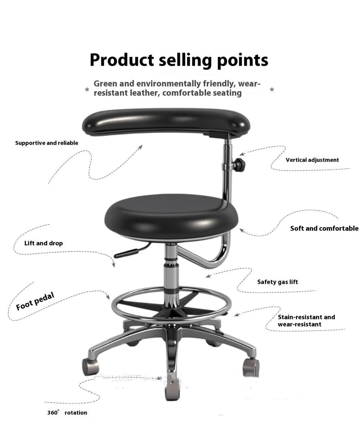 Black leather dental hospital chair with lift mechanism for height adjustment