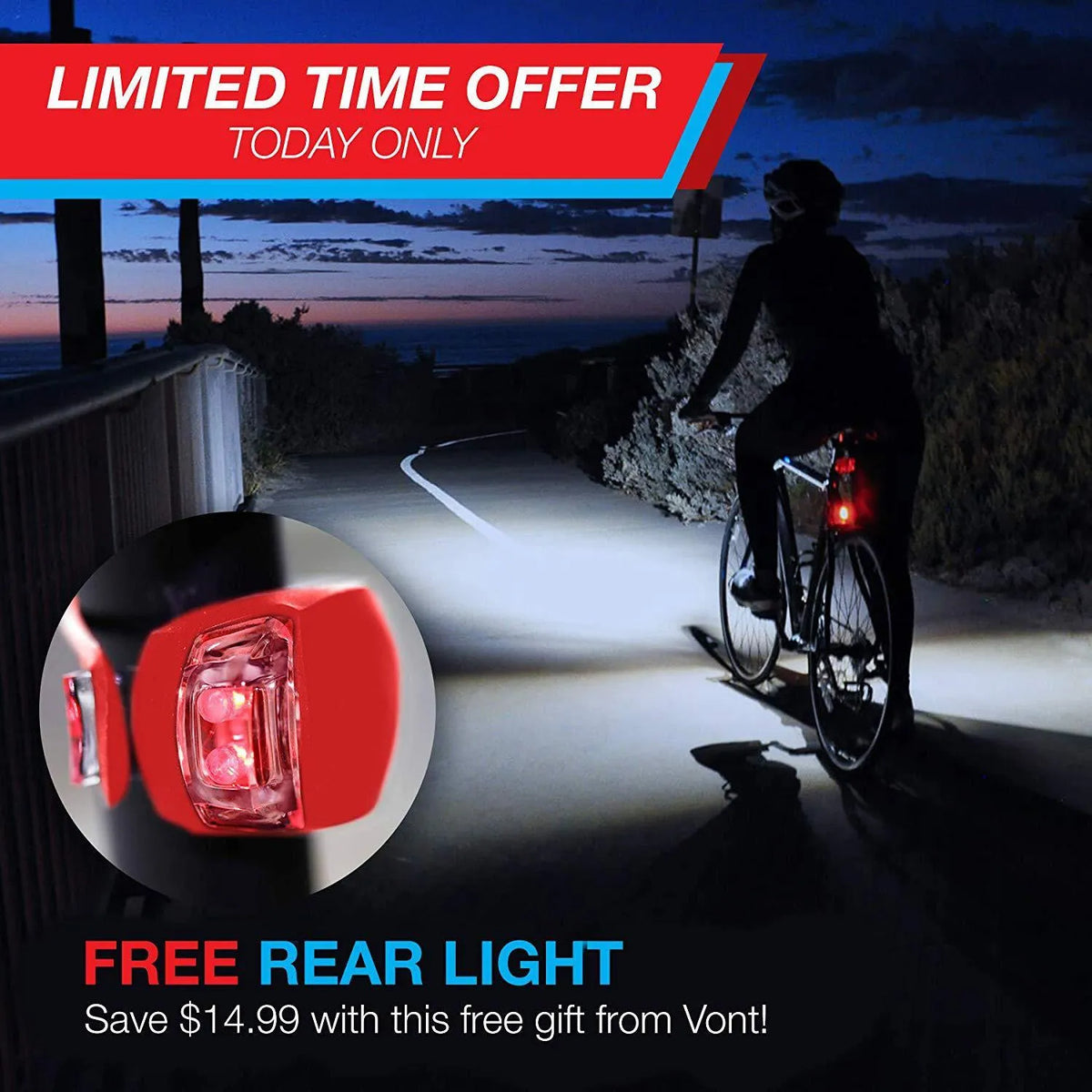 Bicycle headlight and red taillight set with a black handlebar mounting bracket.