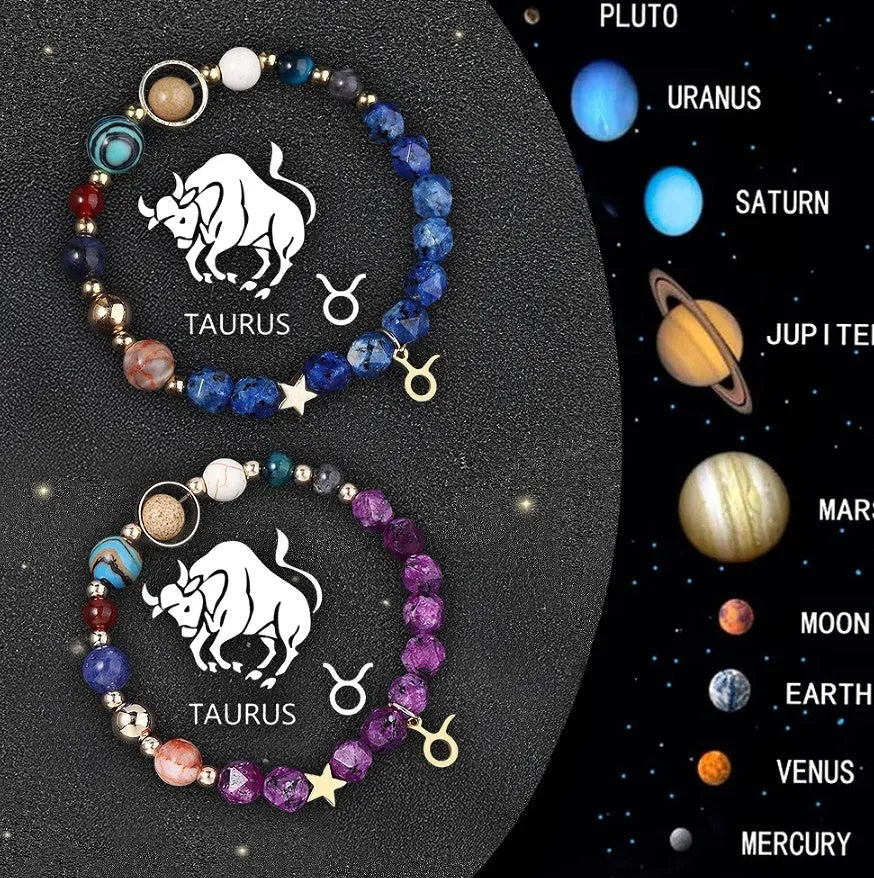 Two natural stone beaded bracelets laid out, part of a twelve-style zodiac set.