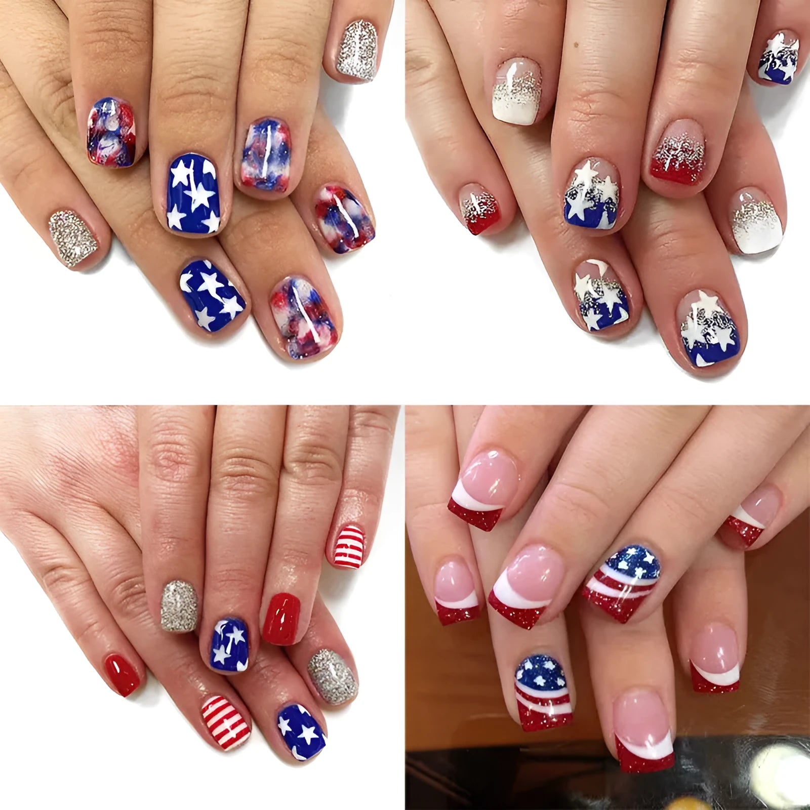Independence Day press-on nails with American five-pointed star patterns in patriotic colours
