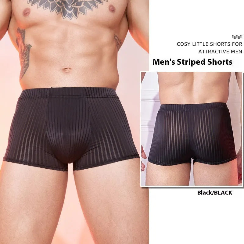 Men's striped underwear in thin transparent nylon fabric showing black, white and dark grey colour options
