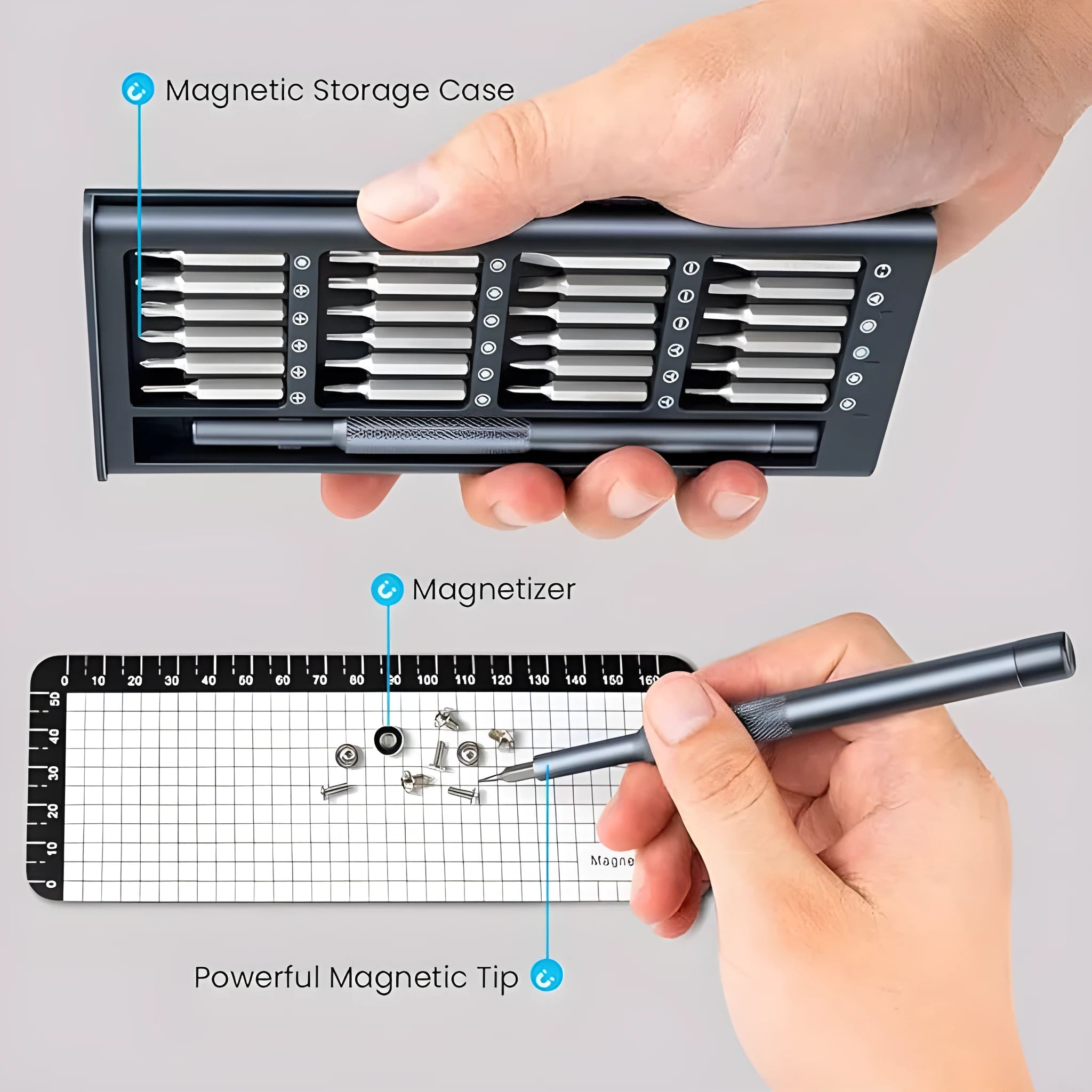 25-in-one magnetic screwdriver set with chrome vanadium steel bits and ABS knurled handle.