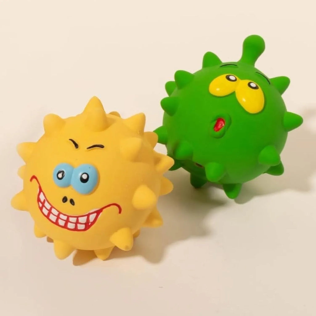 Four colourful natural latex rubber squeaky dog balls with cute faces design, 7.5cm diameter