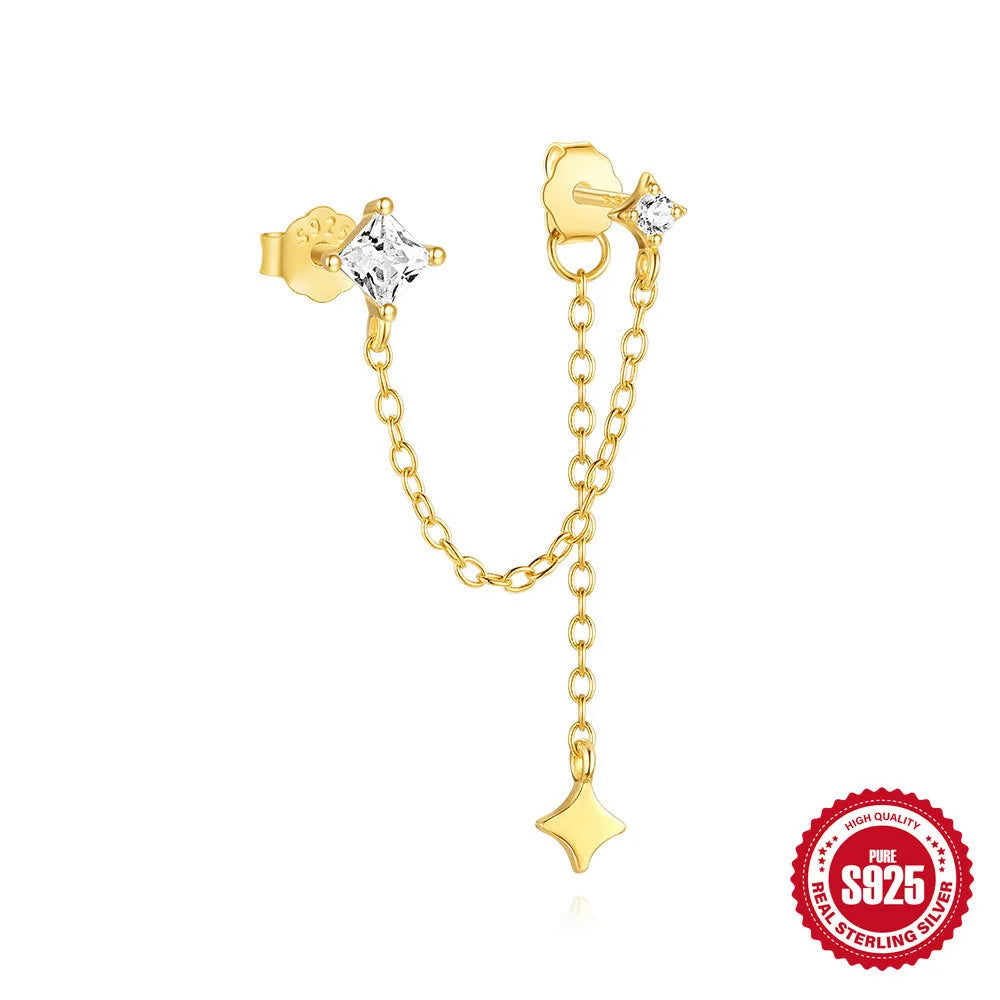 925 sterling silver double ear piercing stud earrings with zircon inlay in gold-tone colours