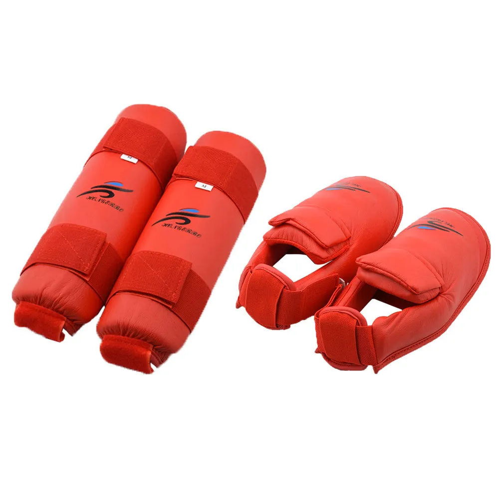 Red and blue martial arts protective gear set showing leg guards and a helmet on a white background.