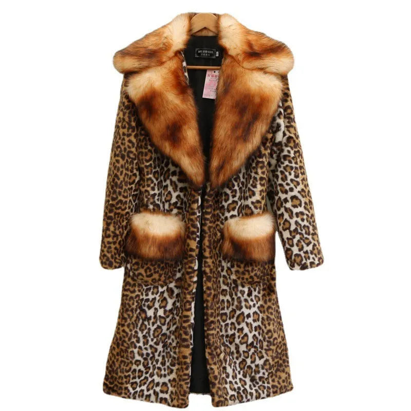 Women's leopard print artificial fur jacket with 80cm length available in sizes S to 9XL