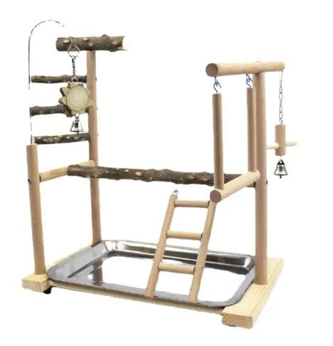 Assembled pepper wood parrot toy stand with tiger skin peony design and sub-stand pole for cage mounting.