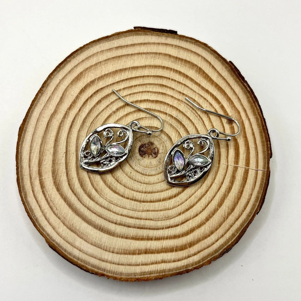 Silver leaf-shaped earrings with embedded colourful moonstone stones for women