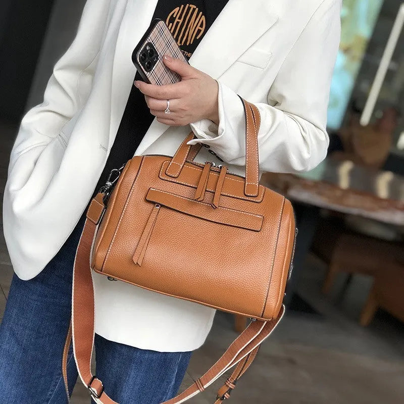 Genuine leather Boston Lychee pattern messenger bag with shoulder strap and multiple compartments