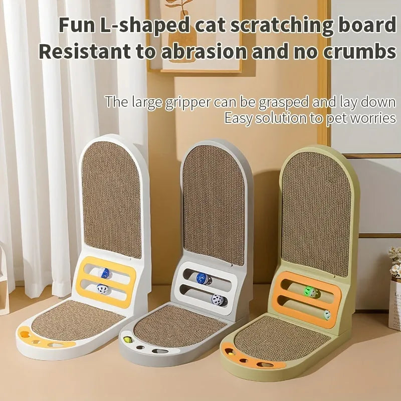 L-shape vertical cat scratching board in grey colour showing thickened scratch-resistant construction