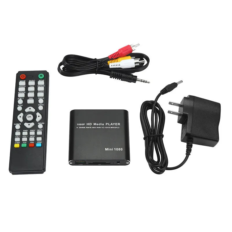 Blue and black 1080p Full HD media player with HDMI port for SD card and USB playback