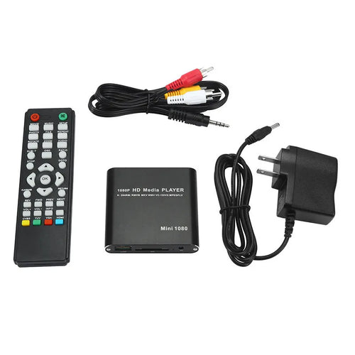 Blue and black 1080p Full HD media player with HDMI port for SD card and USB playback