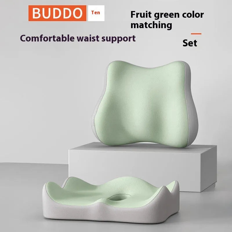 Memory foam seat cushion with waist rest support in blue and grey colour combination