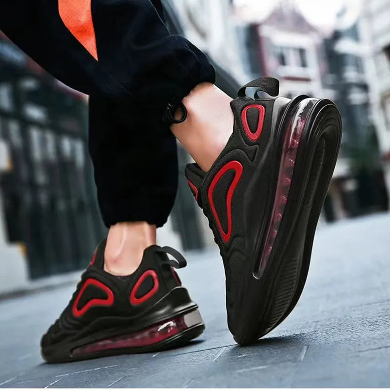 Men's black casual lace-up sneakers with thick sole and round toe design