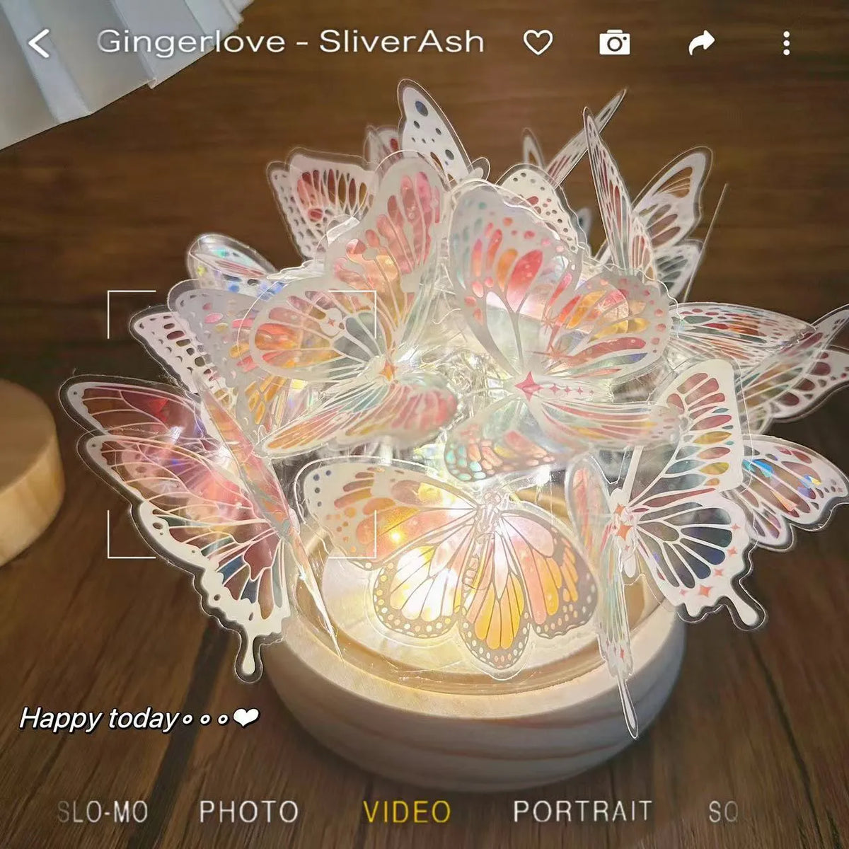 Handmade butterfly night lamp with glass shade and wood base on bedside table