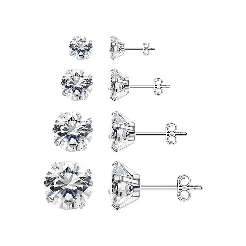 A pair of simple square-cut zircon stud earrings in stainless steel on a white background.