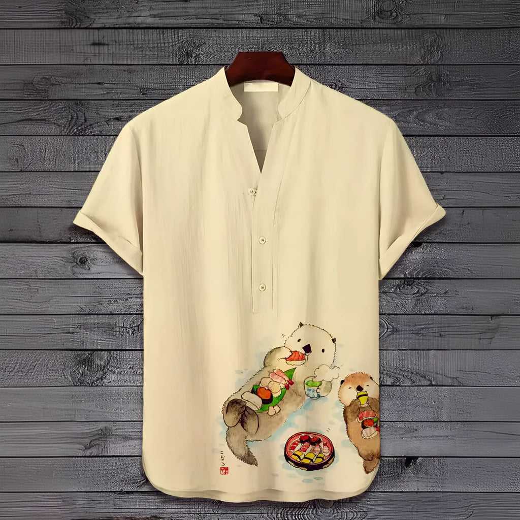 Short sleeve shirt with a vibrant 3D digital animal print pattern on polyester fabric.