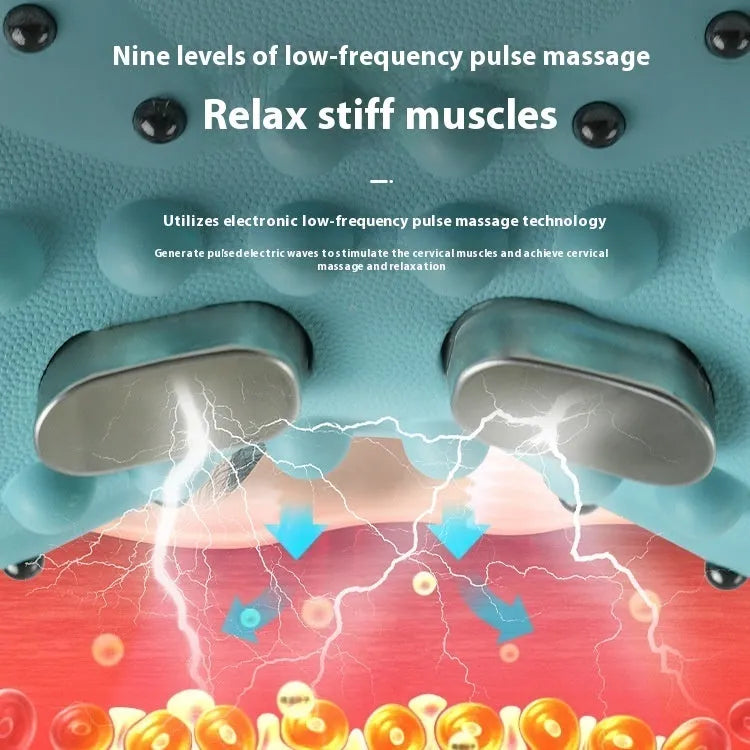 Blue-green portable neck and shoulder massage pillow showing compact size and controls for EMS, heat, and vibration functions.